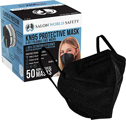 Salon World Safety Black KN95 Protective Masks, Pack of 200 - Filter Efficiency ≥95%, 5-Layers, Sanitary 5-Ply Non-Woven Fabric, Easy Breathing